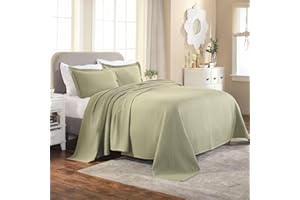 Superior 100% Cotton Basket Weave Bedspread with Shams, All-Season Premium Cotton Matelasse Jacquard Bedding, Quilted-Look Geometric Basket, King, Sage