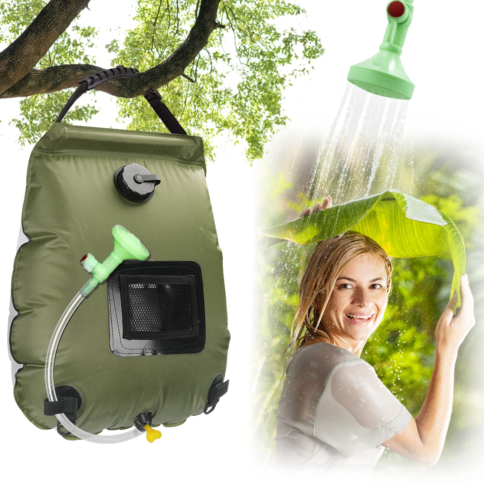 Gohytal Solar Shower Bag, 5 gallons/20L Camping Shower Bag, Solar Heating Outdoor Shower Bag with Shower Head, Hose, Tap Head Ideal for Travelling, Hiking, Backpacking (Green)