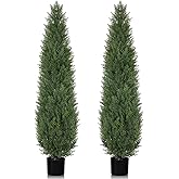 Artificial Cedar Topiary Trees 5 FT Faux Cedar Tree for Outdoor Planters Evergreen Plant, 60 inch UV Rated and Lush Fake Cypress Tree Shrubs for Gateway Front Door Porch Patio Garden, Set of 2