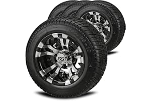 RM Cart 10" Warlock Black/Machined on 205/50-10 LSI Elite Low Pro Tires (Set of 4) | Golf Cart Tires and Wheels Combo with Standard Lug Nuts