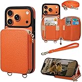 Keallce Case for iPhone 17 Pro 6.3'' Case Wallet, Crossbody Zipper Purse with RFID Blocking Card Slots Kickstand, Lanyard & Handstrap Flip Folio Leather Phone Cover for iPhone 17 Pro, Orange