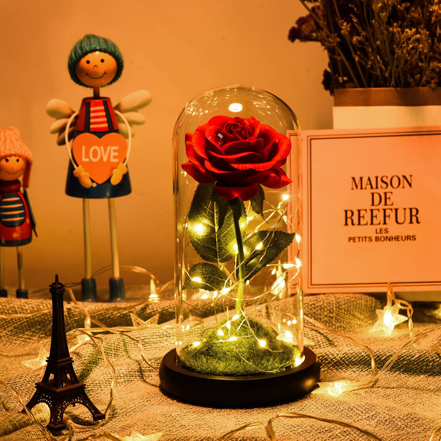Zimer Enchanted rose, Red Rose gold lamp green grass in a Glass Dome with String LED Lights, table lamp Rose Gift for Mothers Day, Valentine\'s Day, Wedding, Birthday,Anniversary