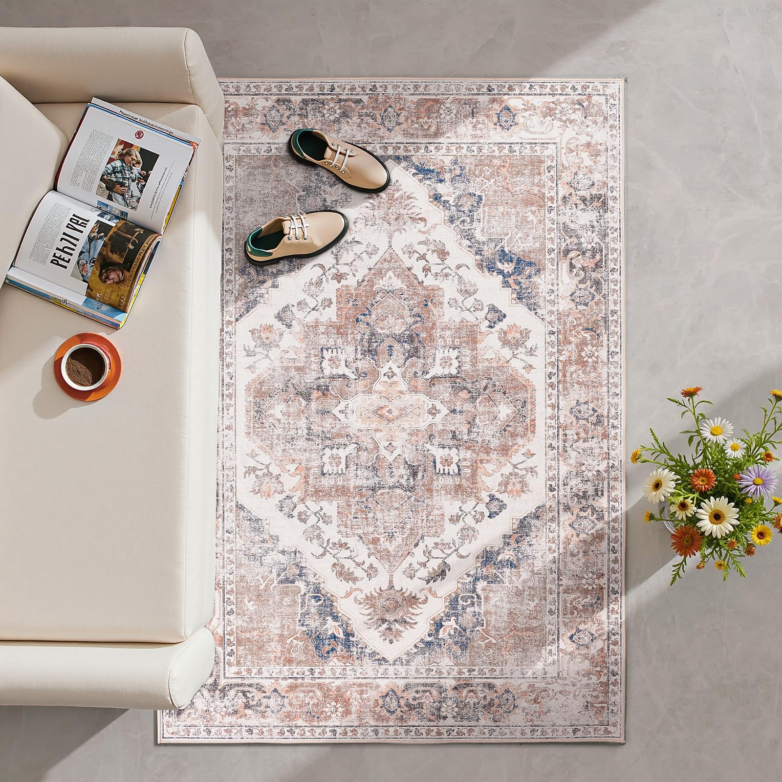 TOPICK Rug 120x180cm Washable Vintage Floral Light Red Bedroom Rug Non Slip Lightweight Carept for Living Room Dining Room