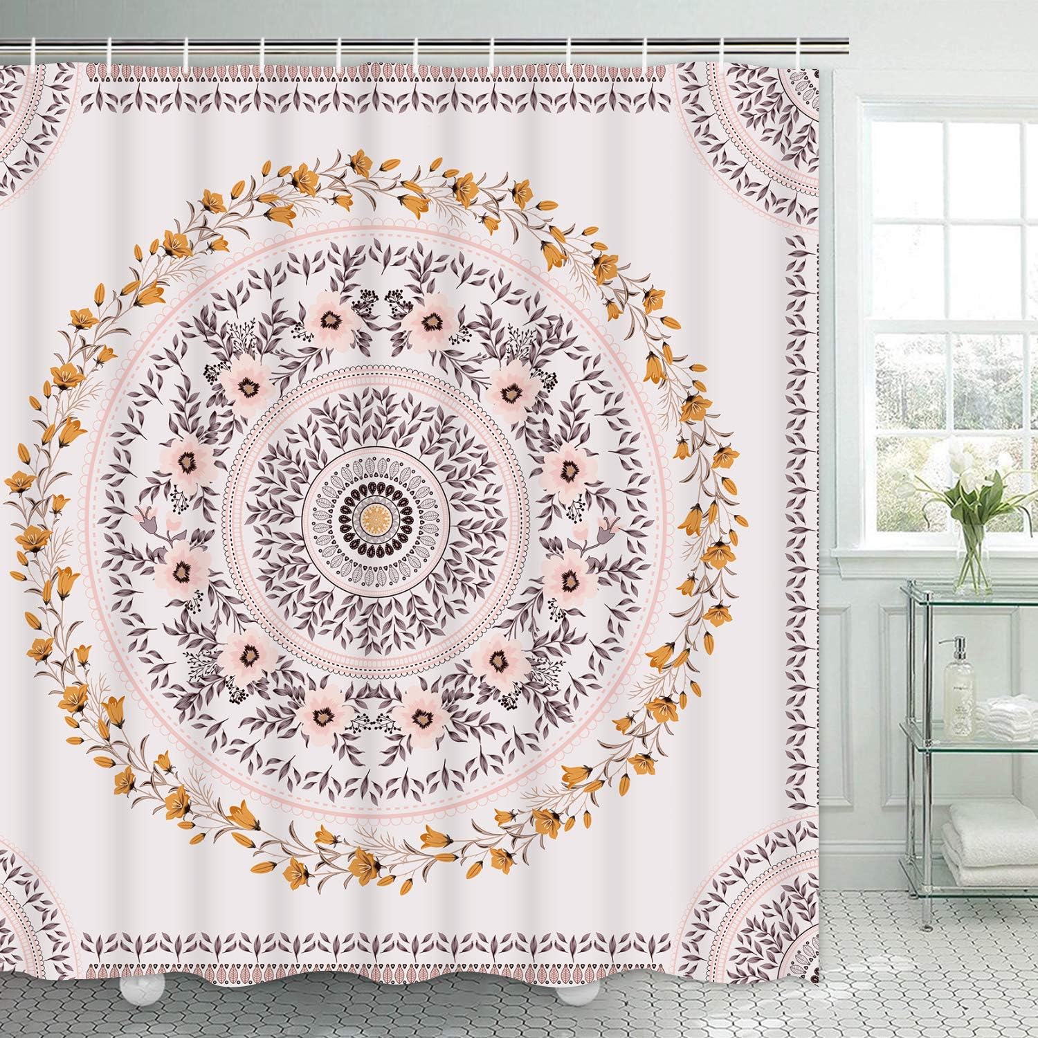 TAMOC Mandala Shower Curtain Floral Medallion Shower Curtain with 12 Hooks, Sketched Flower Shower Curtain with Pink Brown Aesthetic Wreath, Waterproof Hippie Bohemian Bathroom Shower Curtain