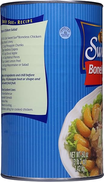 SWEET SUE BONELESS CHICKEN WITH BROTH, COOKED CANNED CHICKEN- 10G PROTEIN – GLUTEN FREE, KETO FRIENDLY – GREAT FOR FAMILY, FOOD SERVICE RESTAURANT, CAFETERIA- 50 OZ CAN (PACK OF 1)