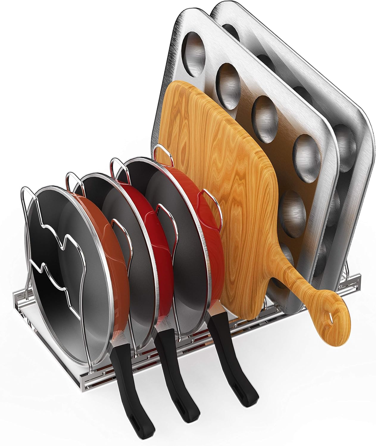 7 Adjustable Compartments Pan and Pot Lid Organizer Rack Holder, Chrome: Kitchen & Dining