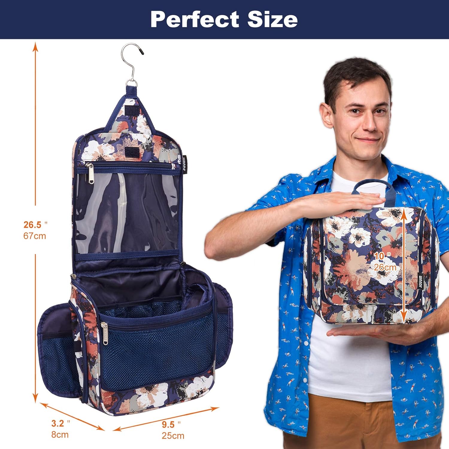 WANDF Toiletry Bag with Medicine Pocket Jewellery Bag and Clear Wet Separation Compartments Water-resistant Nylon Travel Shaving Dopp Kit Travel (Blue Flower): Clothing
