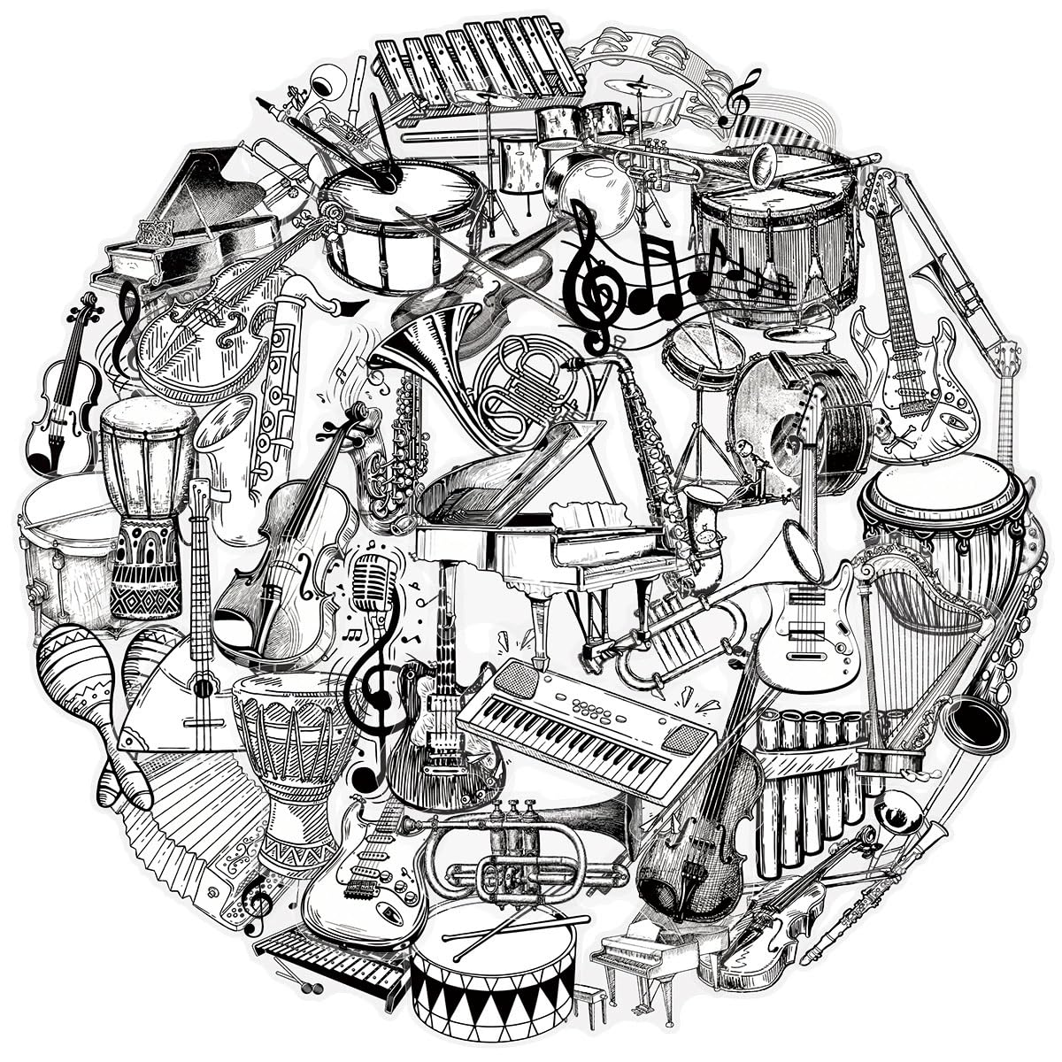 50 PCS Musical Instrument Stickers,Black and White Sticker Pack Transparent Vinyl Skateboard Guitar Door Laptop Luggage Car Bike Water Bottle Birthday Party Supplies Teens Boys and Girls Decals