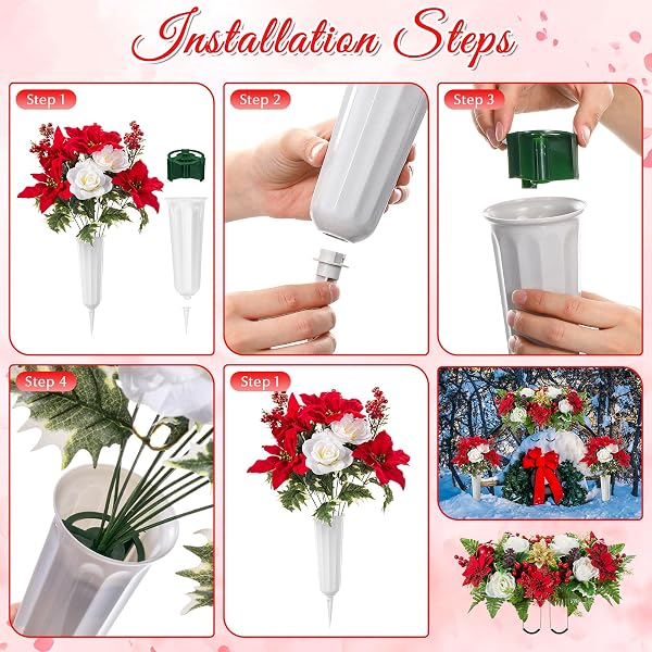 GIEGXIN 3 PCS CHRISTMAS HEADSTONE FLOWER SADDLE CEMETERY FLOWERS FOR GRAVE RED GOLD POINSETTIA BERRY ROSES ARTIFICIAL MEMORIAL BOUQUETS WITH VASE OUTDOOR GRAVEYARD DECORATION FOR TOMBSTONE HEADSTONE