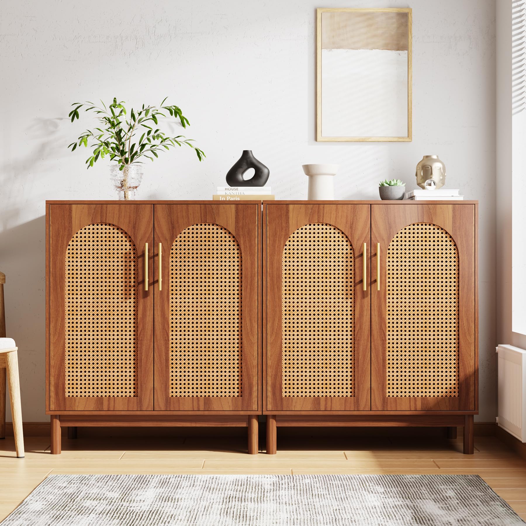 Photo 1 of Tribesigns Set of 2 Rattan Sideboard Buffet with Storage, 59 Inch Accent Cabinet with Doors, Storage Cabinet for Dining Room, Living Room, Kitchen, Caramel Brown