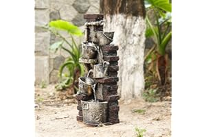 YZM 39.37" H Water Fountain Outdoor Faucet Waterfall Fountains 5-Tier Outdoor Fountain Water Feature Patio Backyard Lawn Garden Decor for Outside with LED Lights