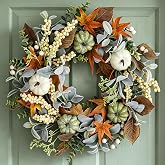 Dilicoming Fall Wreath for Front Door 20 Inch Autumn Wreath | White & Sage Green Pumpkins, Maple Leaves, Thanksgiving Harvest, Indoor Outdoor, Halloween Farmhouse Decor