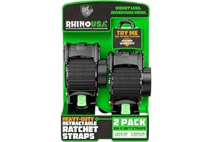 Rhino USA Retractable Ratchet Straps (2Pack) 2 Inch x 10 Feet (3,033lb Break Strength) Heavy Duty Auto Self Retracting Tie Down Straps for Truck, Cargo Trailer, Motorcycle, Rad & More - Black Retail
