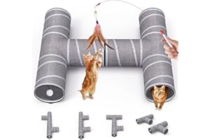 PETOCAT Cat Tunnel 4 Way with Teaser Wand & 2 Plush Ball, 5 Shapes Available, 54/80.7" L, H-Shaped Collapsible Pet Play Tube Maze for Kitten Puppy Bunny Ferret Rabbit, Indoor/Outdoor Peekaboo Cave