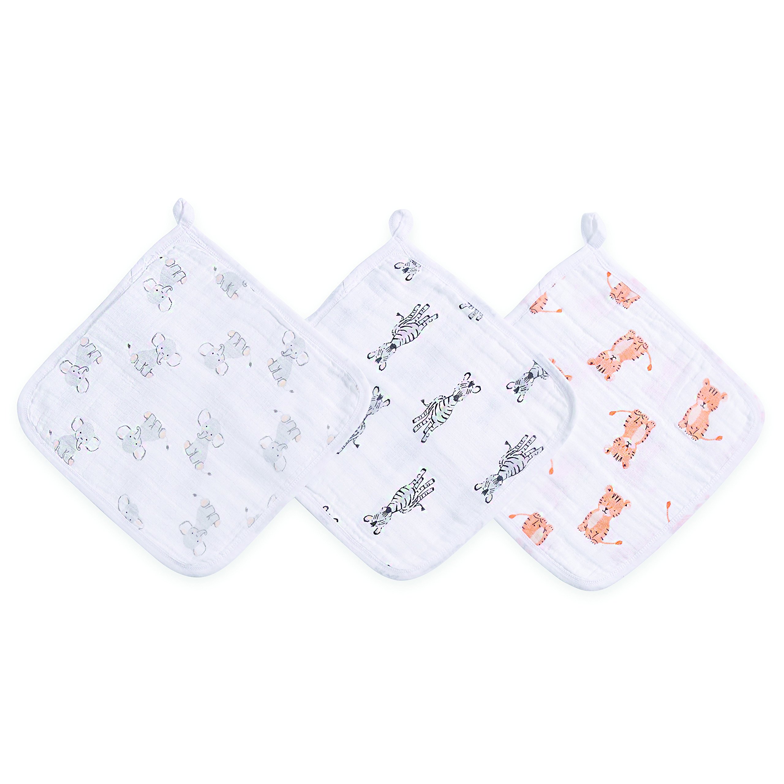 aden + anais essentials Washcloth Set, Super Soft 100% Cotton Muslin, 27.5x27.5cm, 3 Pack, safari babes