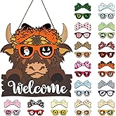 Highland Cow Front Door Decorations - Interchangeable Welcome Sign for Front Door with 16 Set Changeable Icons for Seasons Holiday Thanksgiving Christmas Door Decor