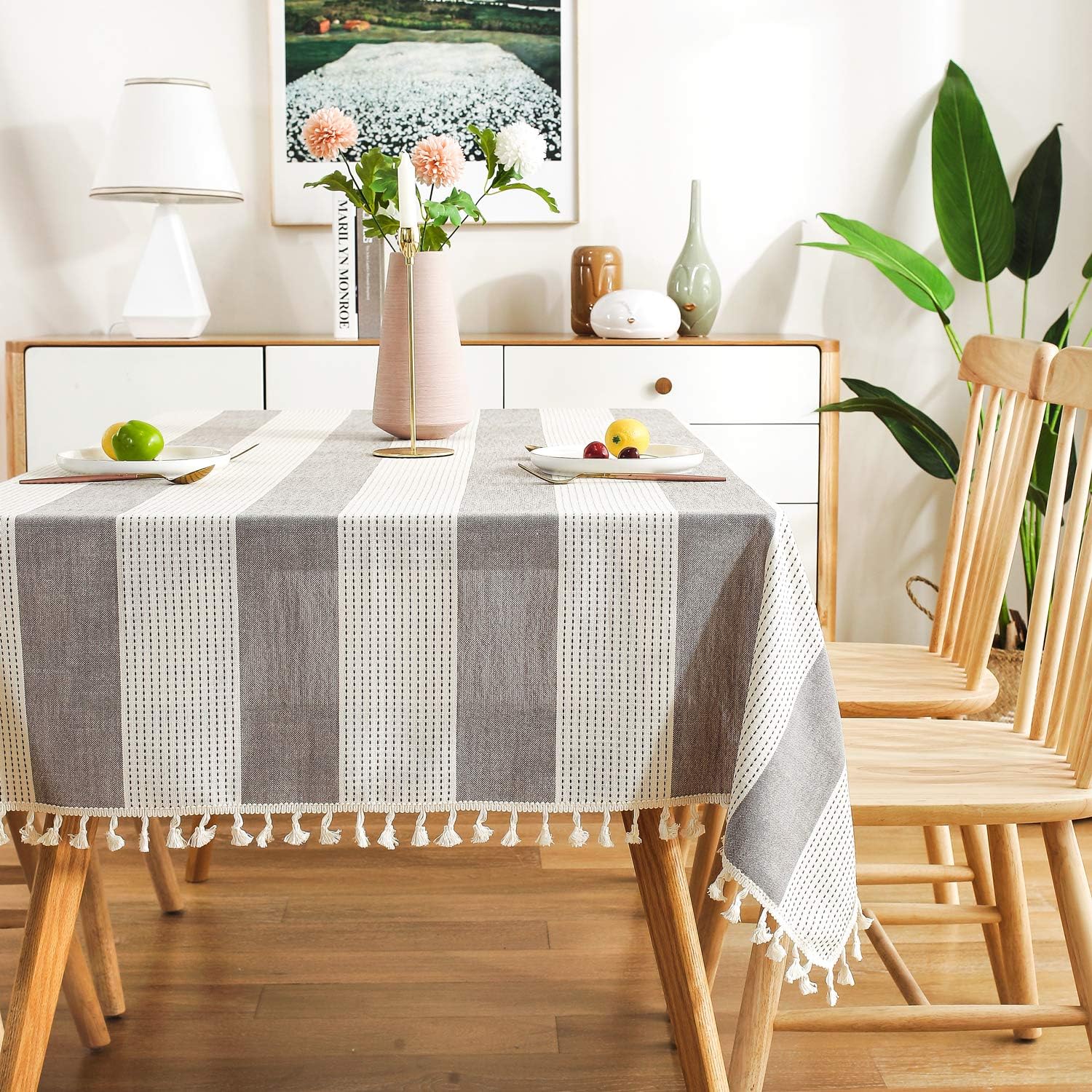 AmHoo Striped Tassel Cotton Linen Tablecloth Washable Rectanglar Table Covers for Kictchen Dining Table Decoration 54 x 120 Inch Taupe