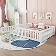 Full Size Floor Bed with Slats and Center Support Bar, Montessori Floor Bed with Fence and Door