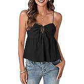 LYANER Women's Spaghetti Strap Sweetheart Neck Cami Crop Tops Tie Front Camisole Sleeveless Peplum Top