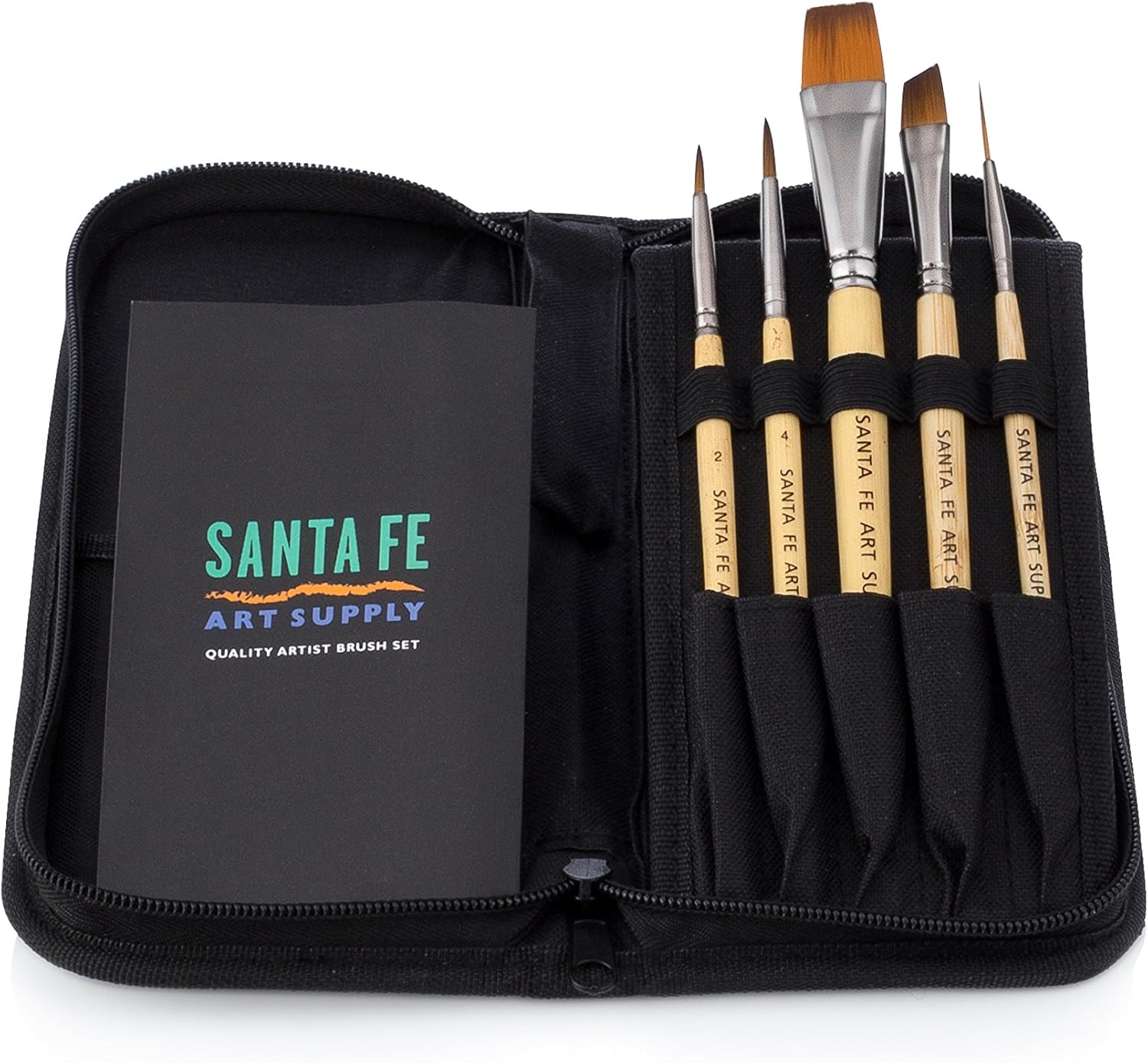 Santa Fe Art Supply Paint Brush Set w/Travel Case- 5 Bamboo Short Handle Brushes. Perfect for Watercolour Oil, Inking - Image 3