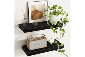 Fun Memories Deep Floating Shelves - 16" W x 9" D x 1.6" H Rustic Black Wall Shelf - Wall Mounted Shelves for Storage - Wooden Shelves with Invisible Brackets for Living Room, Farmhouse - Set of 2