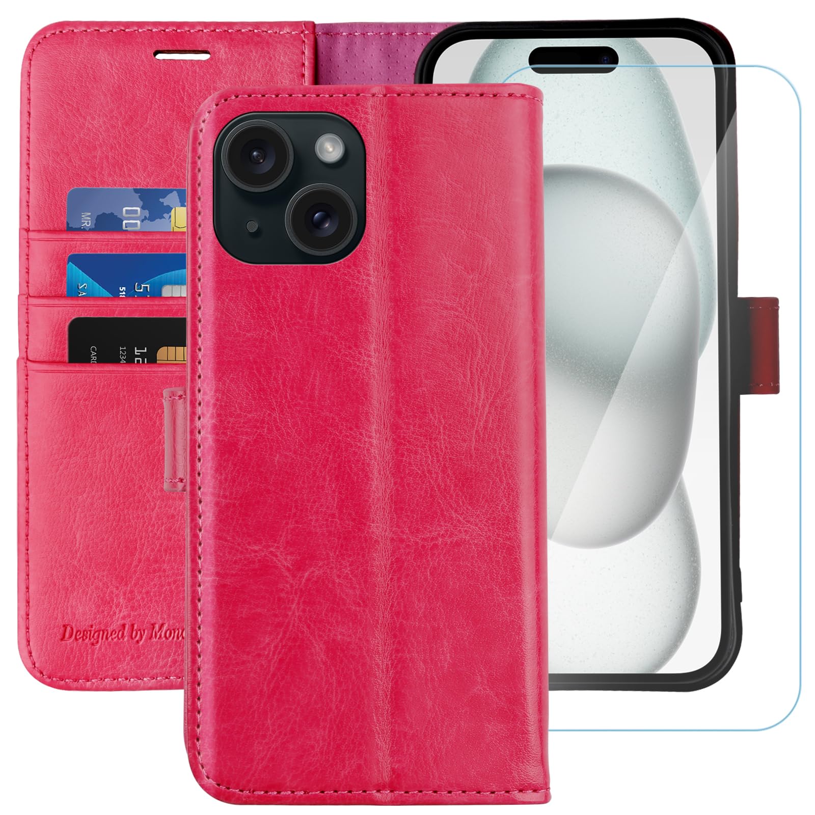 MONASAY for iPhone 15/14 Plus 5G Wallet Case, 6.7-inch [Glass Screen Protector Included] [RFID Blocking] Flip Folio Leather Cell Phone Cover with Credit Card Holder, hot-pink