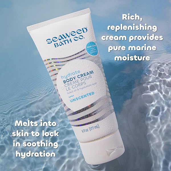 SEAWEED BATH CO. HYDRATE BODY CREAM – UNSCENTED | NOURISHING MOISTURIZER FOR BODY AND HANDS | WITH VITAMIN E, HYALURONIC ACID AND SHEA BUTTER FOR DRY SKIN | 6 OZ