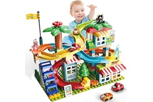 XYNGU Marble Run Building Blocks,Classic Large Blocks Maze Track Sets with 4 Cars,STEM Toy Bricks Maze Puzzle Set Race Track Compatible with Major Brands for Age 3 4 5 6 7 8+ Boys Girls Gift