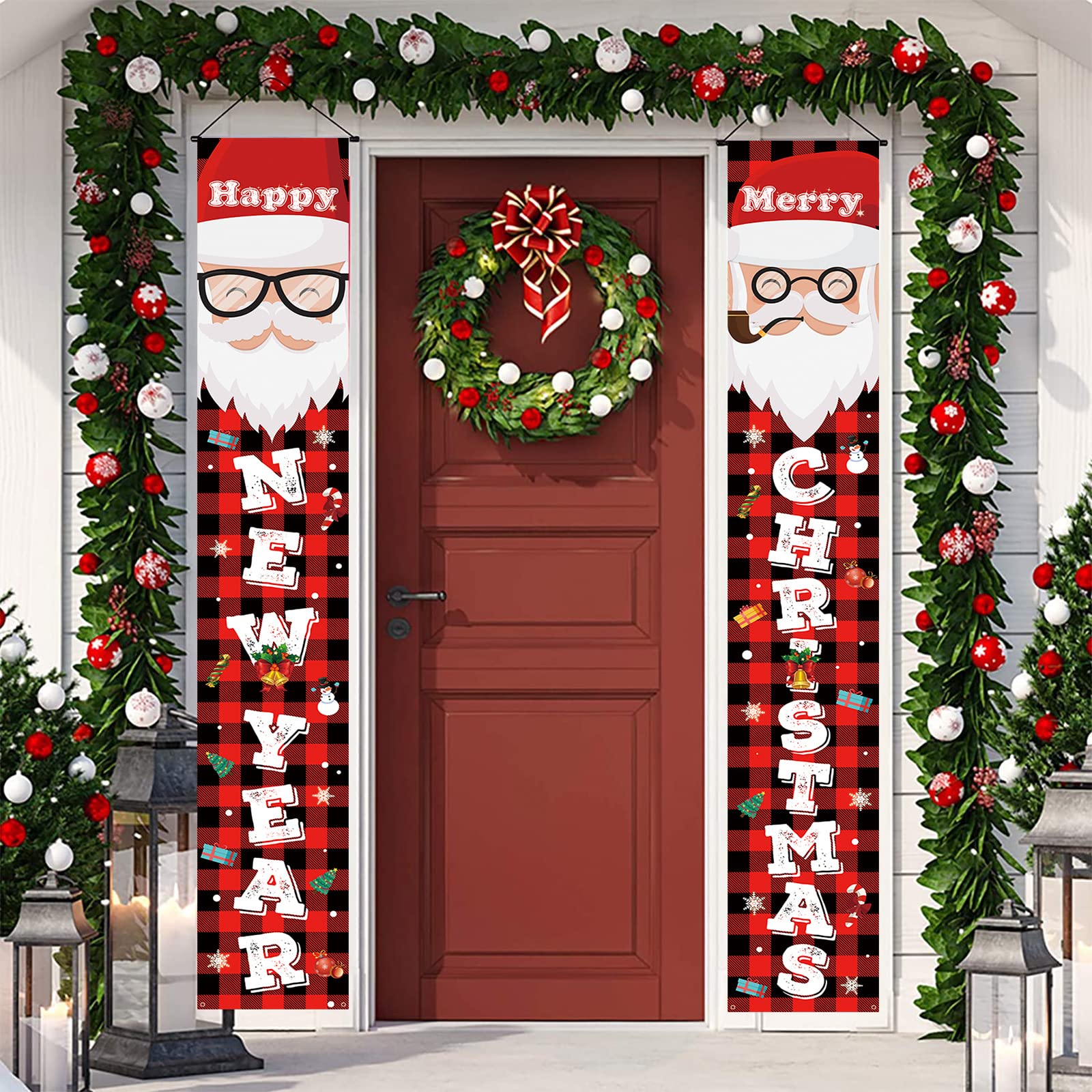 Merry Christmas Banners, Happy New Year Porch Sign Door Banner, Red Pliad Santa Claus Xmas Porch Sign Hanging Decorations for Home Indoor Outdoor Outside Yard Porch Wall Holiday Party Supplies