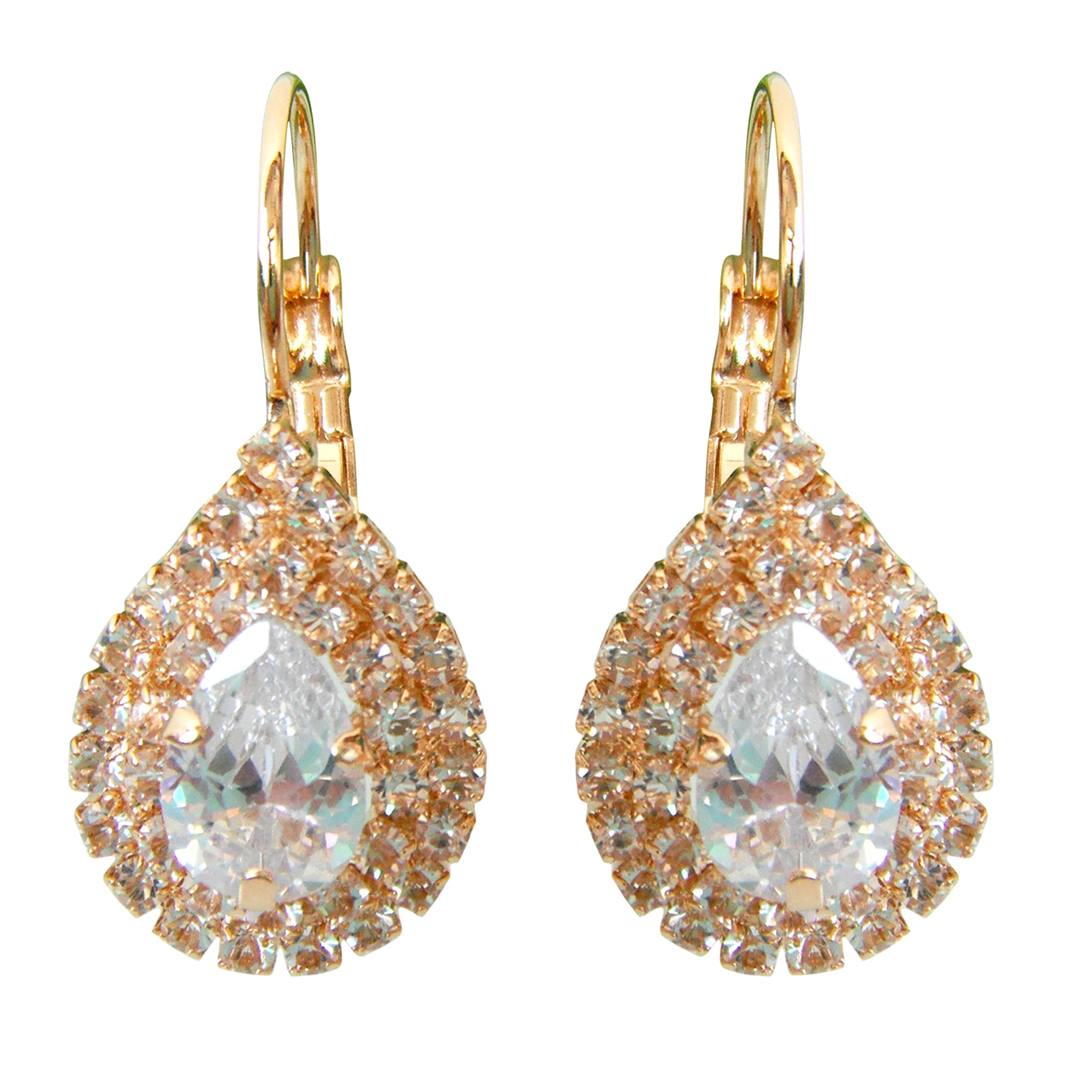 Navachi 18k Gold Plated Pear-Shape White Zircon White Crystal Hoop Az2614e Leverback Earrings