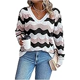 MakeMeChic Women's Plus Size Fall Sweaters Long Sleeve Hollow Out Crochet V Neck Pullover Tops Striped Sweater Top