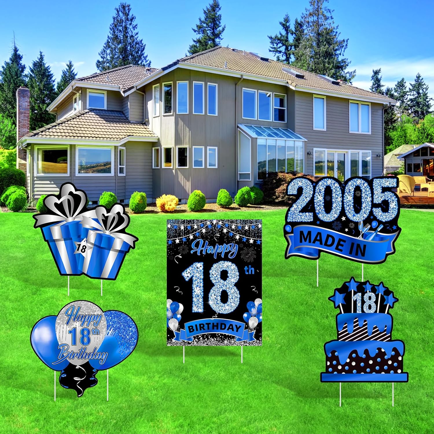 Yard Signs - 5Pcs Navy Blue 18th Birthday Yard Sign for Boys Happy 18 Birthday Made in 2005 Lawn Sign with Stakes Party Decorations for 18 Years Old Birthday Outdoor Anniversary Decor Party Supplies