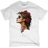 Sugar Skull Profile Men's T-Shirt Dia de Los Muertos Day of Dead Calavera Skeleton Face Gothic Elegance Floral Men's Tee