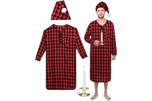 Cuffbow 4 Pcs Christmas Men's Cotton Flannel Nightshirt Set Includes Men Flannel Long Sleeve Nightgown Cap Candle and Holder