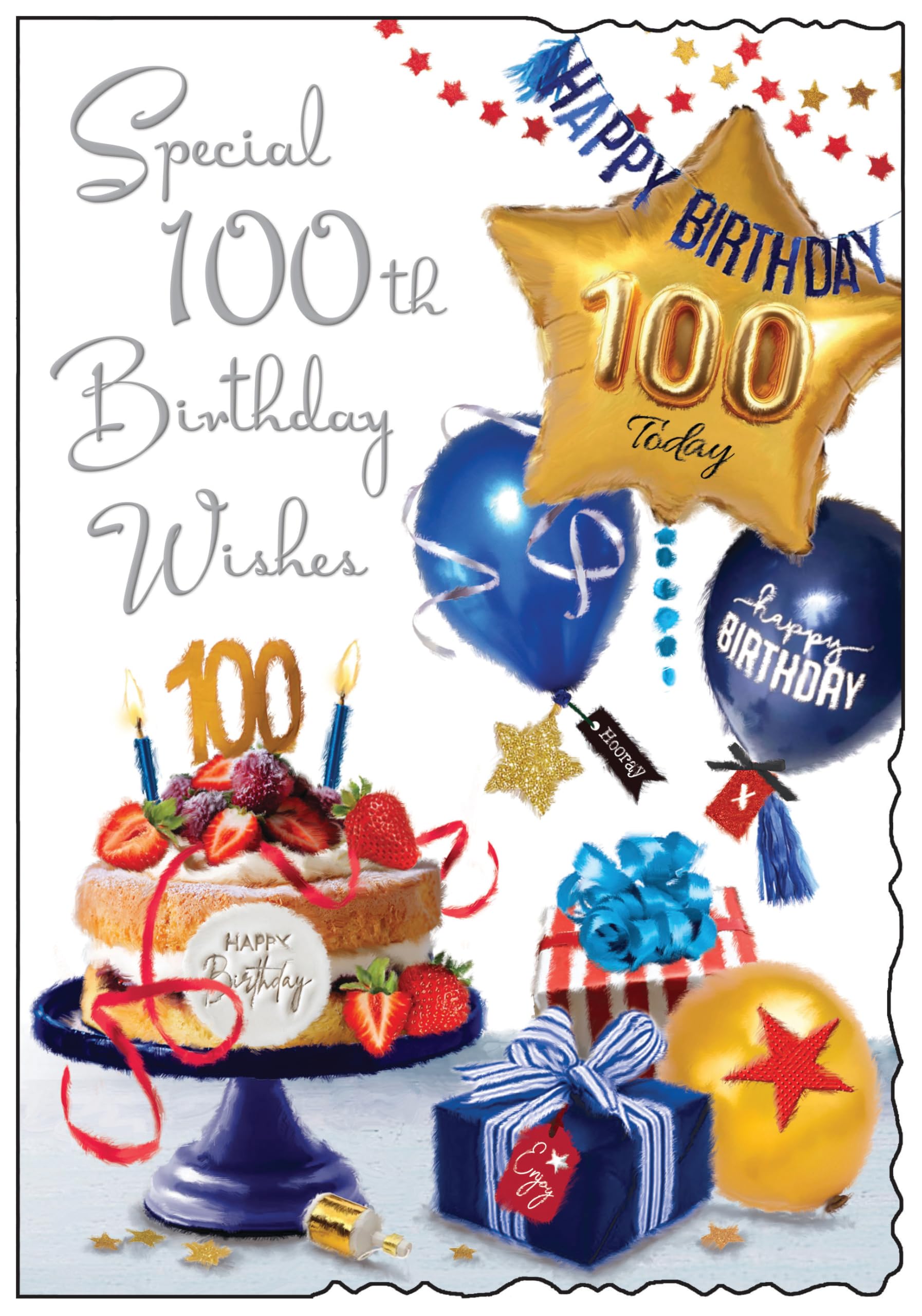 Age 100 Birthday Card - 100th Birthday Cake with Blue and Gold Balloons and SIlver Foil 9x6.25