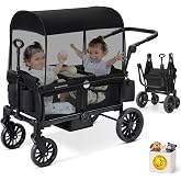ELEMARA Stroller Wagon, 2 Seat Stroller for 2 Kids, Premium All Terrain Stroller for Kids w/Removable Canopy, Adjustable Push/Pull Handle, Large Storage Bag, Black