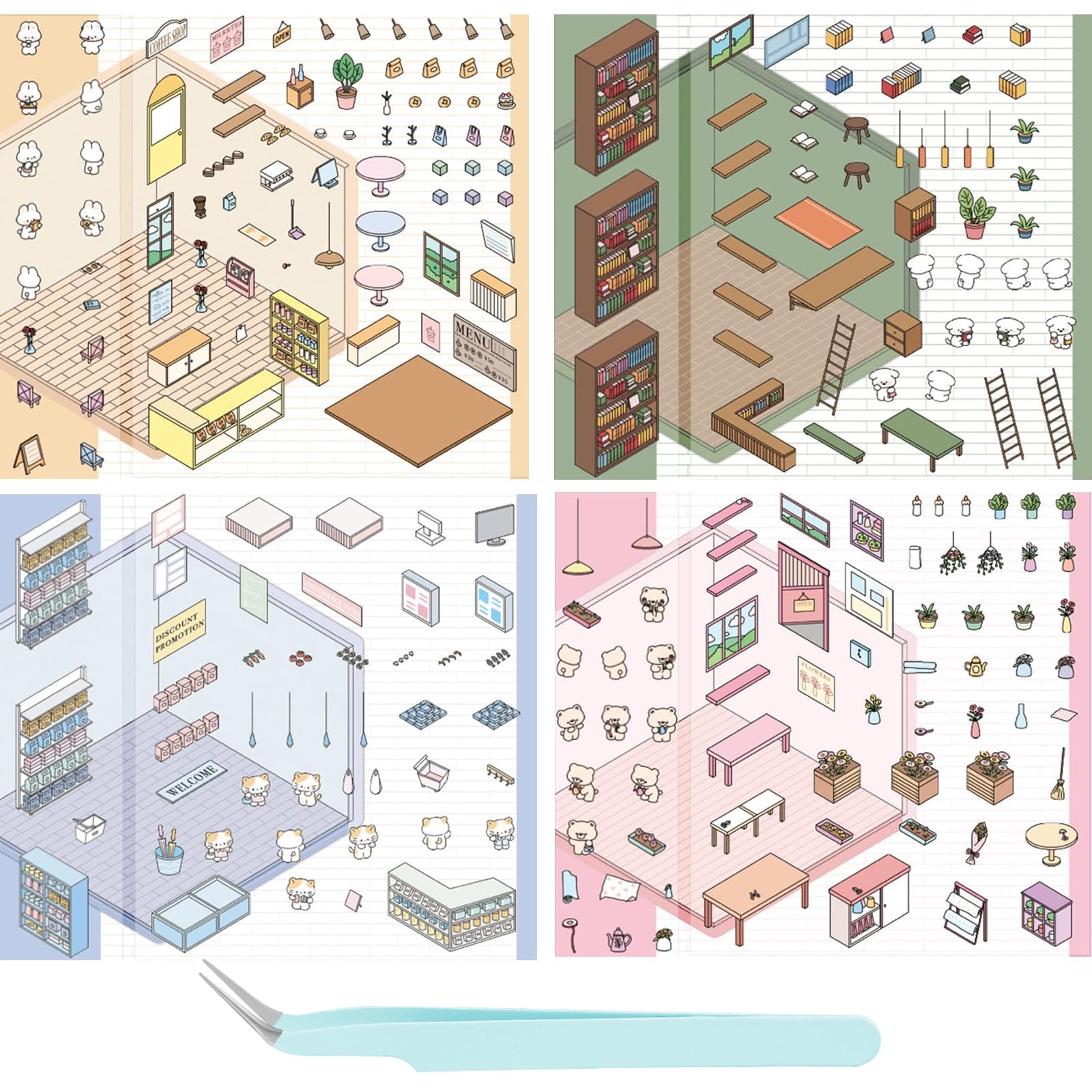 MADGININE 4 Set 3D Sticker Scene,3D House Stickers,Cartoon Miniature House Landscaping Stickers,Make Your Own Bookstore|Flower Shop|Convenience Store|Dessert Shop,for Adult Kid Relief Stress