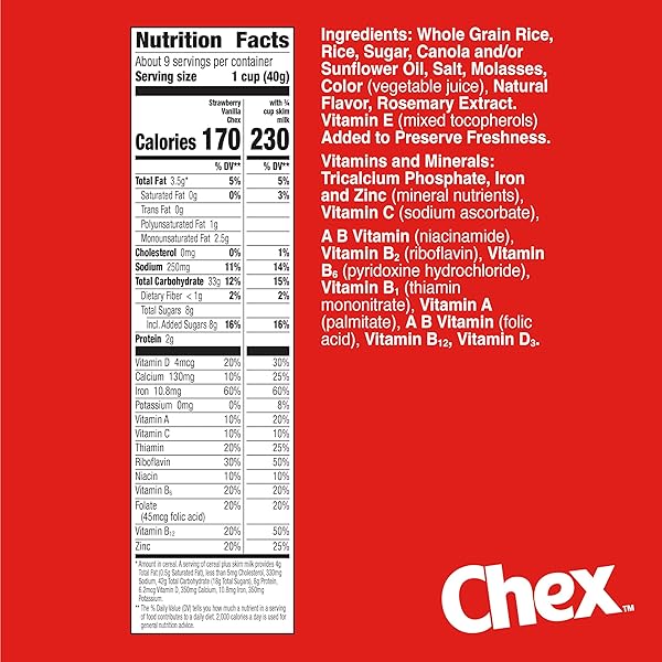 STRAWBERRY VANILLA CHEX CEREAL, GLUTEN FREE BREAKFAST CEREAL, MADE WITH WHOLE GRAIN, 12.4 OZ