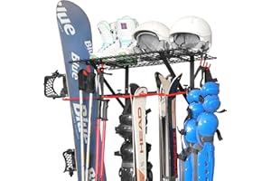 PLKOW Wall-Mounted Ski Rack, Skis Storage Rack for Garage Shed with Top Storage Shelf, Customizable Spacing, Supports Up to 280 lbs, Steel, 1-Pack