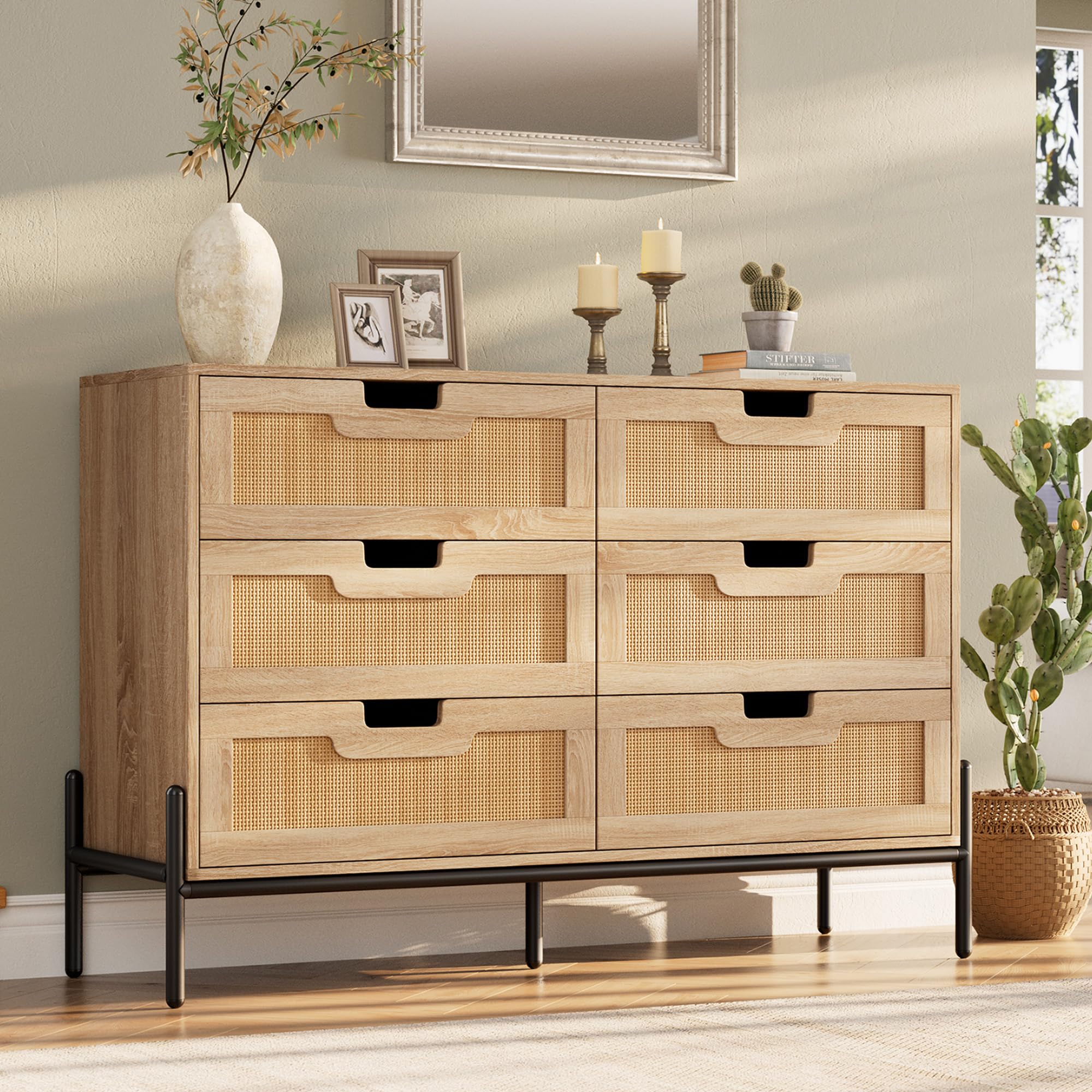 Photo 1 of **FOR PARTS ONLY/ DAMAGED PIECES** IDEALHOUSE Rattan 6 Drawers Dresser, 47.2''Wx15.7''Dx32.3''H Boho Dresser with Metal Handles, Modern Chest of Drawers with Anti-Tipping & Silent Slides Design for Bedroom, Hallway, Kids Room, Natural