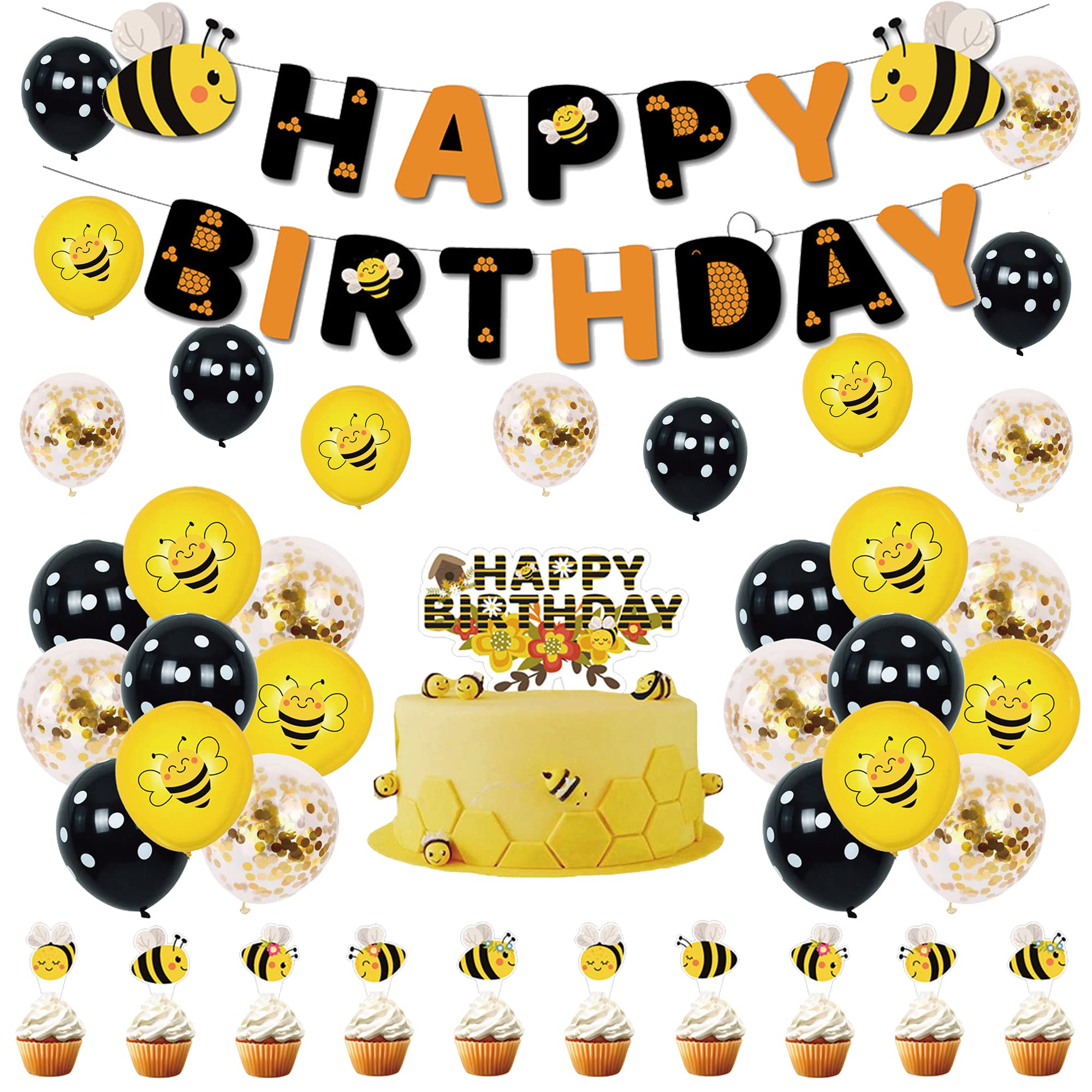 Bee Party Supplies - Birthday Decorations Set With Cake Topper, Balloons, Banner
