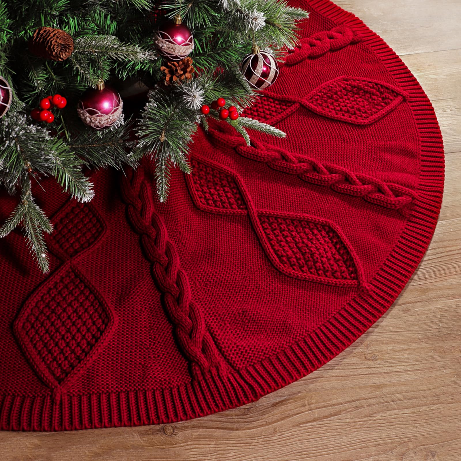 Photo 1 of 48 Inch Christmas Tree Skirt: Diamond Braided Cable Knit Tree Skirt for 7.5FT Tree, Wine Red Tree Skirt, Vintage Tree Skirts, Rustic Farmhouse Christmas Decorations