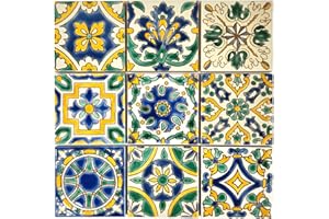 DYARI Set of 9 Decorative Ceramic Tiles – Hand Painted Indoor & Outdoor – Spanish Artisan Top Kitchen – Mediterranean Decorative Tilles 3.94x3.94 / One Tile – Durable Colorful – 140 g Each (Mediterranean)