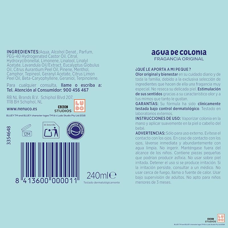 agua de colonia fragancia original formato spray 240 ml, edición limitada Bluey, recomendada para bebés a partir de 3 meses