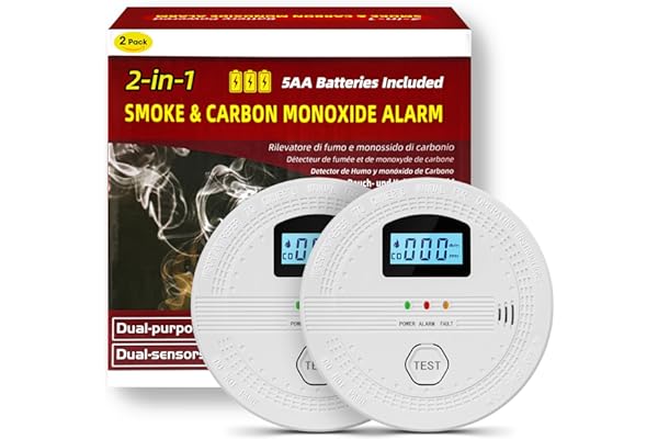 2 Pack Carbon Monoxide and Smoke Detectors,10-Year Battery Operated Carbon Monoxide Smoke Detector Combo with Test Button and LCD Display, Fire Alarm Smoke Detector for Home, Travel, Office