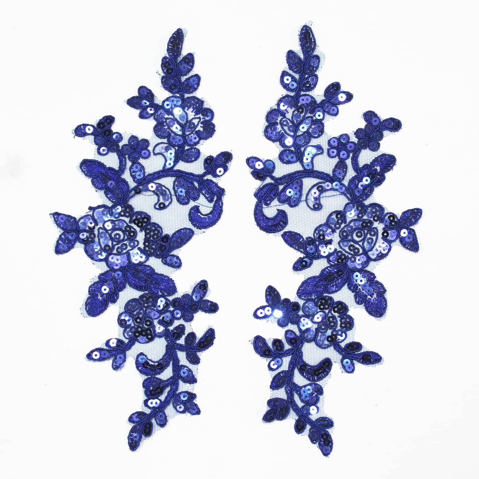 SUNMOVE Pair of Embroidery Sequin Lace Applique Sewing Flower Fabric Collar Patch Motif Wedding Gown Dress Bridal DIY Crafts （Blue