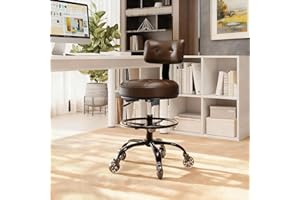 FREEKYROCK Office Drafting Chair with Footrest, Tall Height Adjustable Stool with Back Support, Heavy Duty Rolling Stool Chair with Wheels for Office Home Kitchen Bar Shop Guitar Studio Medical Vanity(Brown)