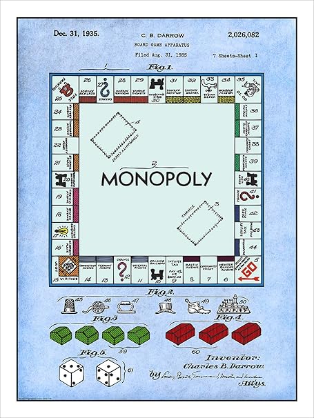 Amazon Studio 21 Graphix 1935 モノポリーボードゲーム 特許プリント カラー化アートポスター フレームなし ライトブルー 18インチ 24インチ アートフレーム ポスター オンライン通販