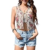 KOJOOIN Women's Tie Front Vest Floral Print Embroidered Vintage Sleeveless Crochet Vest