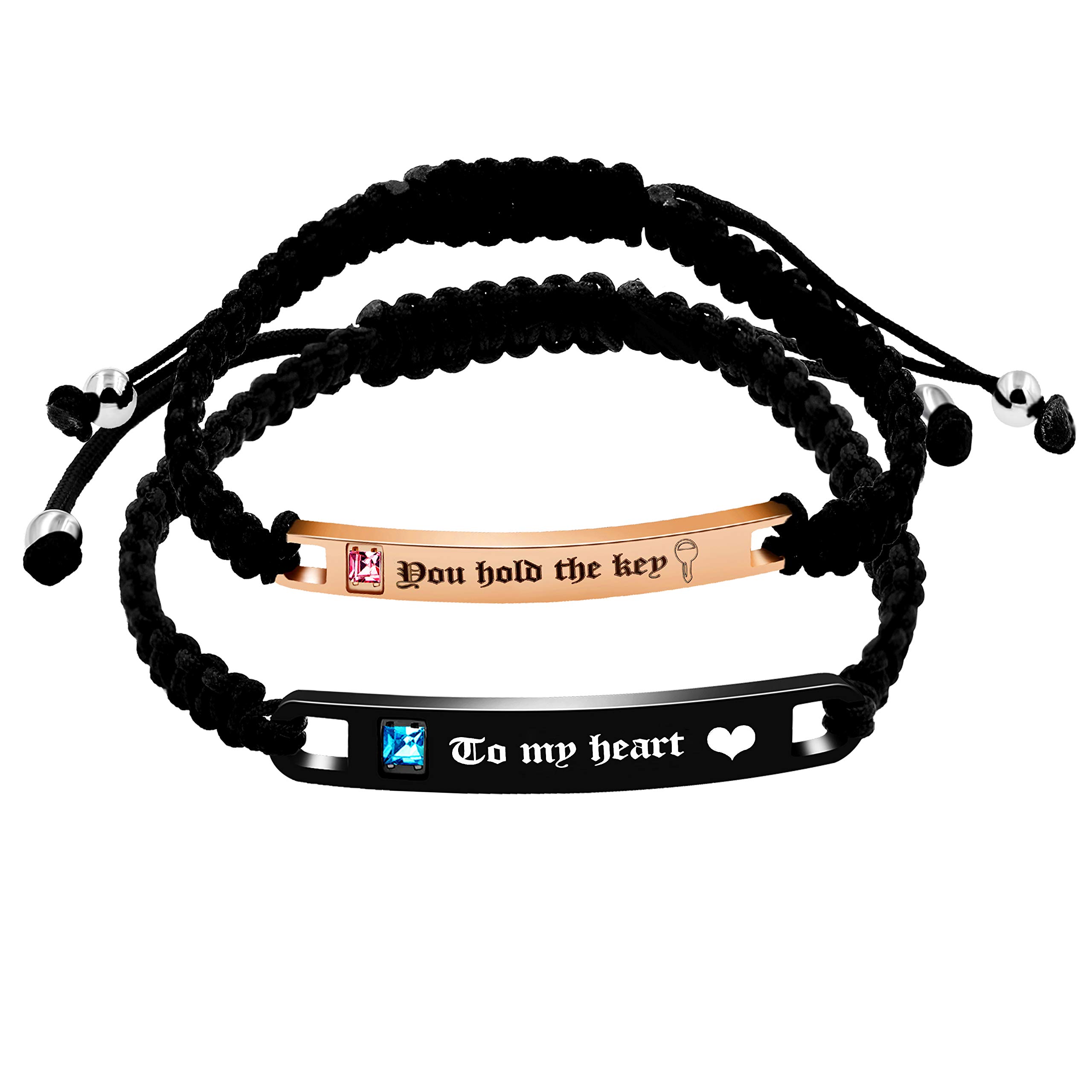 Uloveido His and Hers Matching Set Titanium Stainless Steel ID Plate Handmade Braided Rope Bracelets for Couples (You Hold The Key to My Heart)